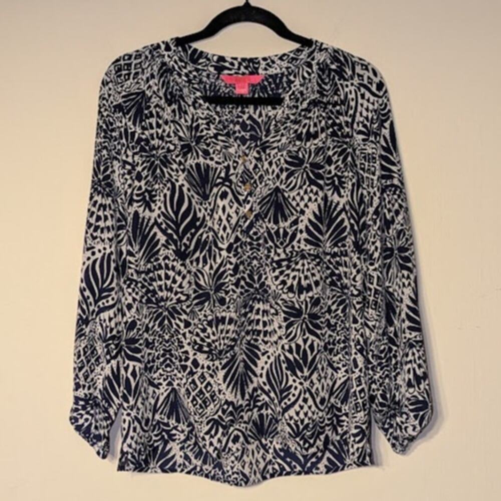 Lilly Pulitzer XS Elsa 100% Silk Popover Top Resort Preppy Coastal Nautical Chic